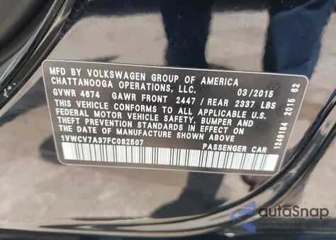 2015 Volkswagen Passat 2.0L Tdi Sel Premium from USA, damaged, VIN 1VWCV7A37FC082507